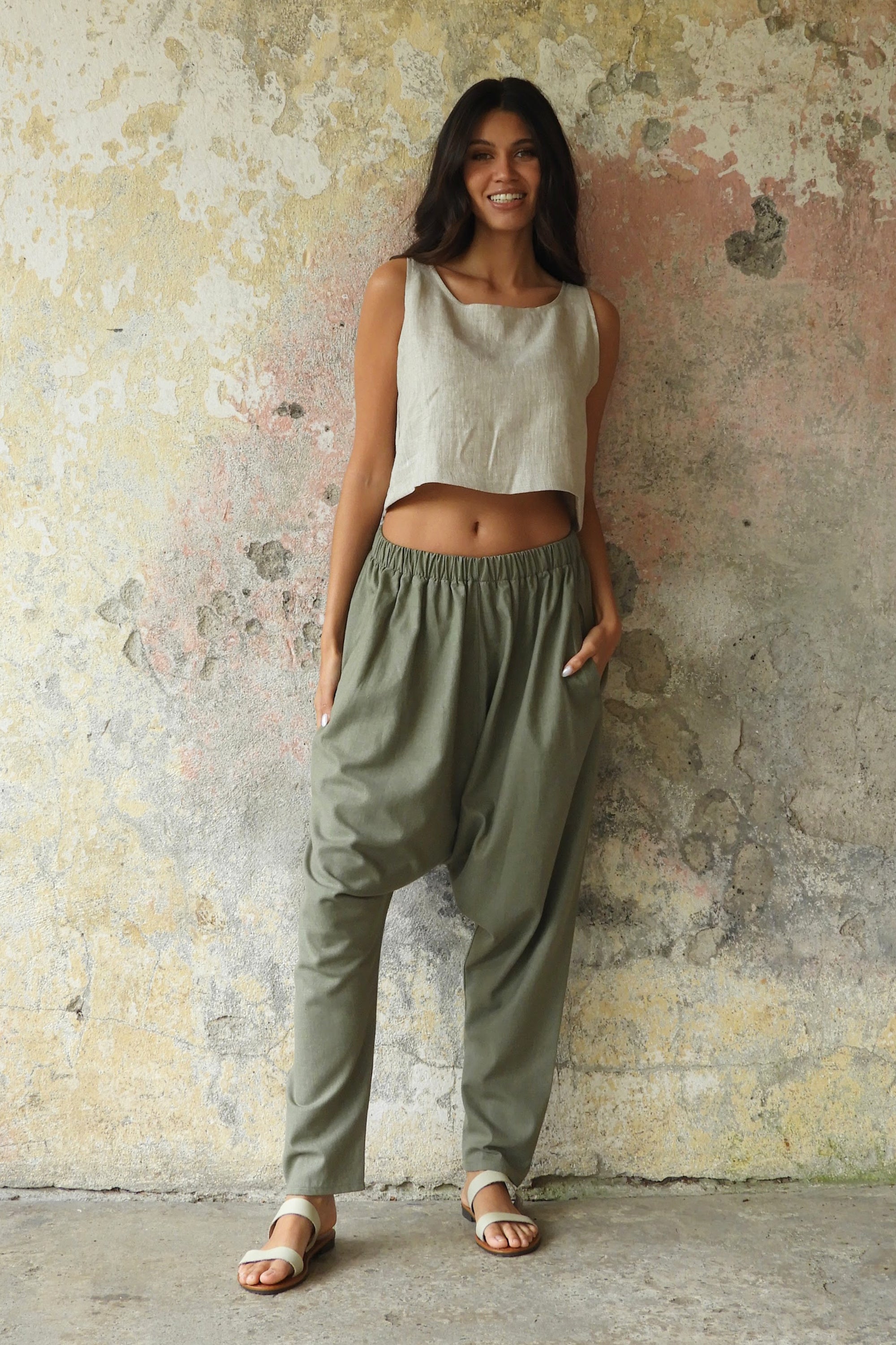 Sustainable  | MOON Women's Linen Blend Harem Pants (Terra Cotta, Almond Green) by Odana's