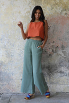 Odana's | Sustainable Gifts | PALAZZO Women's 2Layer Organic Gauze Cotton Pants (Red, Dark Blue, Caramel, Sage Green) | Palazzo Pants | Sustainable Fashion
