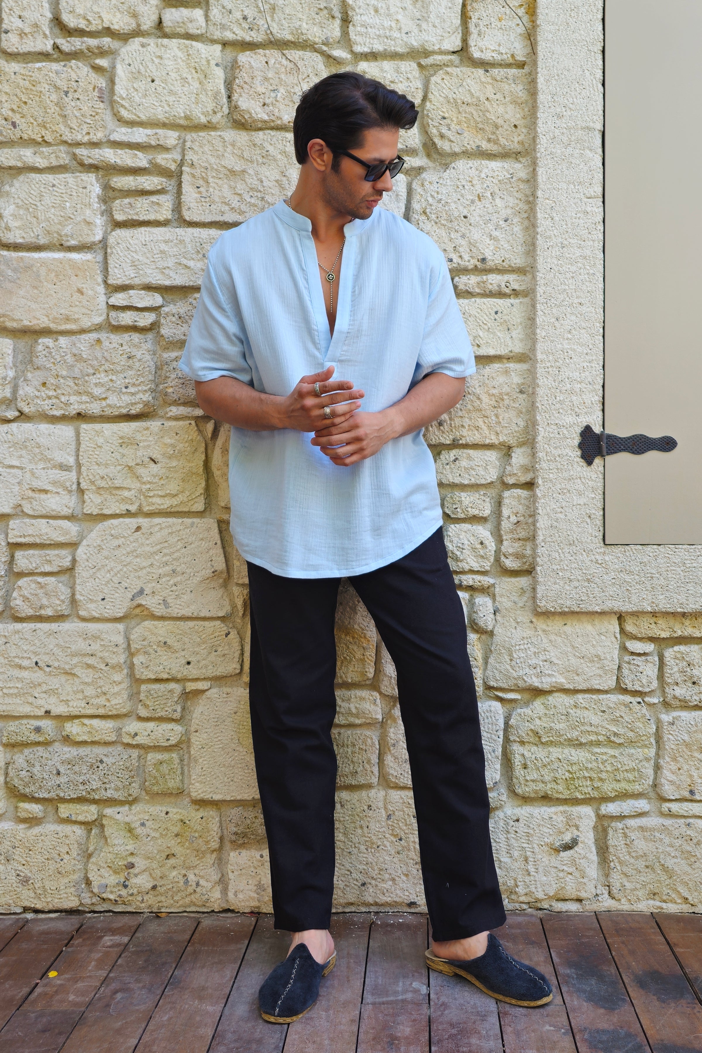 Odana's | Sustainable Gifts | ARCHEUS Organic Cotton Double Gauze Shirt (Dark Blue, Baby Blue) Baby Blue | Shirts | Sustainable Fashion