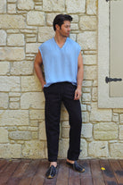 Breathable vegan silk cupro shirt for men in soft sky blue