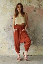 Odana's | Sustainable Gifts | GAIA Women's Organic Gauze Cotton Harem Pants (Red, Terra Cotta, Caramel) | Harem Pants | Sustainable Fashion