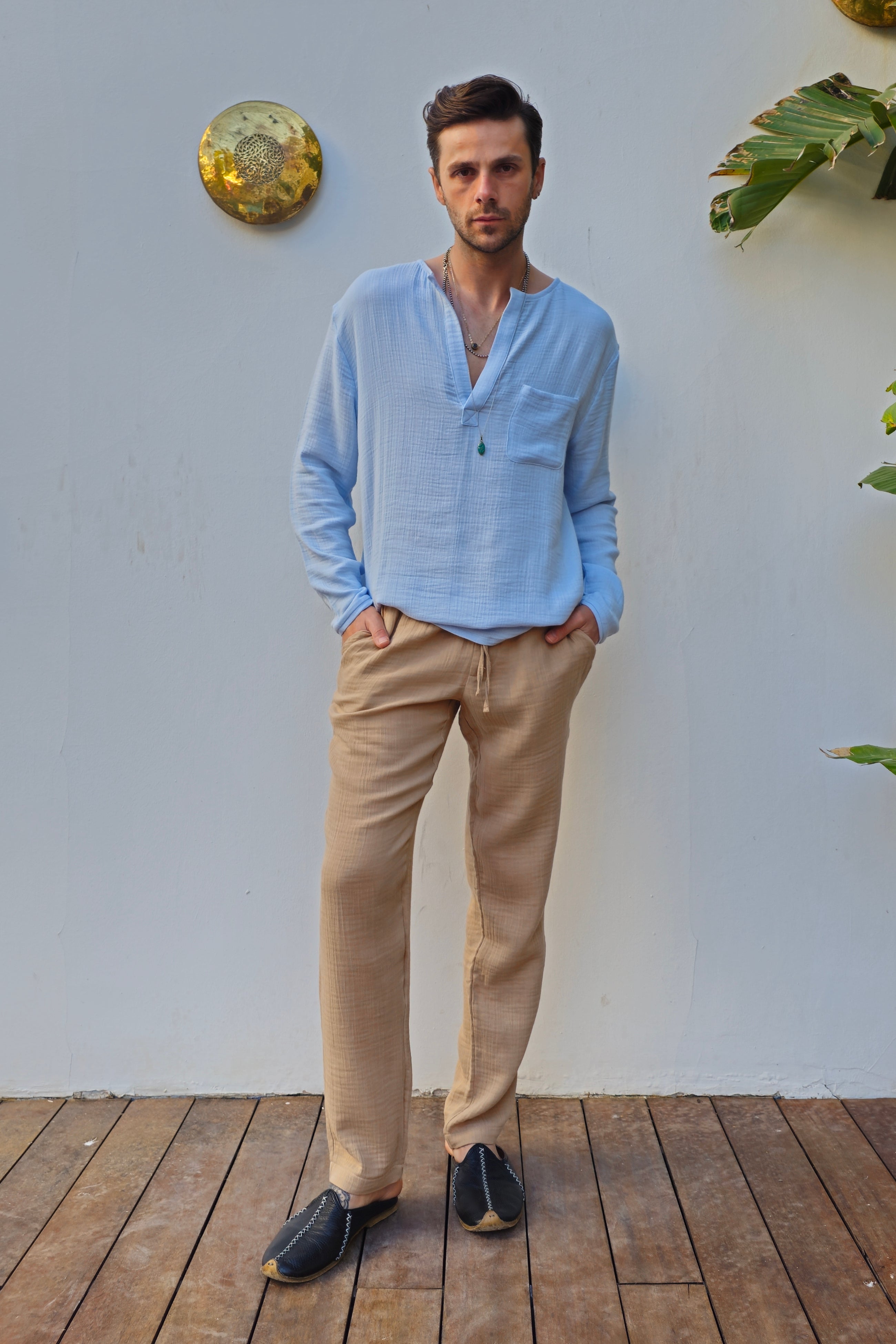 THANOS Bamboo & Cotton Shirt – Men's Oversized Boho Shirt ( Mist Blue, Beige )