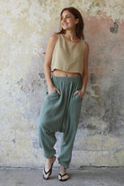Odana's | Sustainable Gifts | TRIBAL Gender Neutral Organic Gauze Cotton Harem Pants (Sage Green) | Harem Pants | Sustainable Fashion