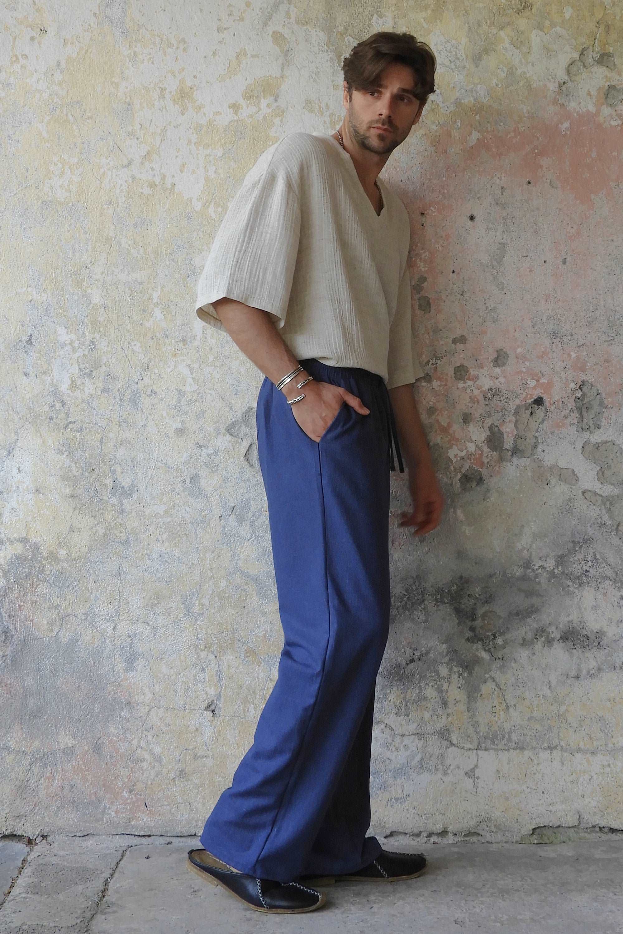BEACH Men's Linen Blend Pants (Dark Gray, Indigo Blue) - XS / Medium / Dark  Gray