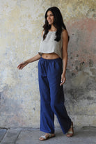 Odana's | Sustainable Gifts | TRINITY Linen Blend Women's Pants (Tan, Indigo Blue) | Linen Pants | Sustainable Fashion