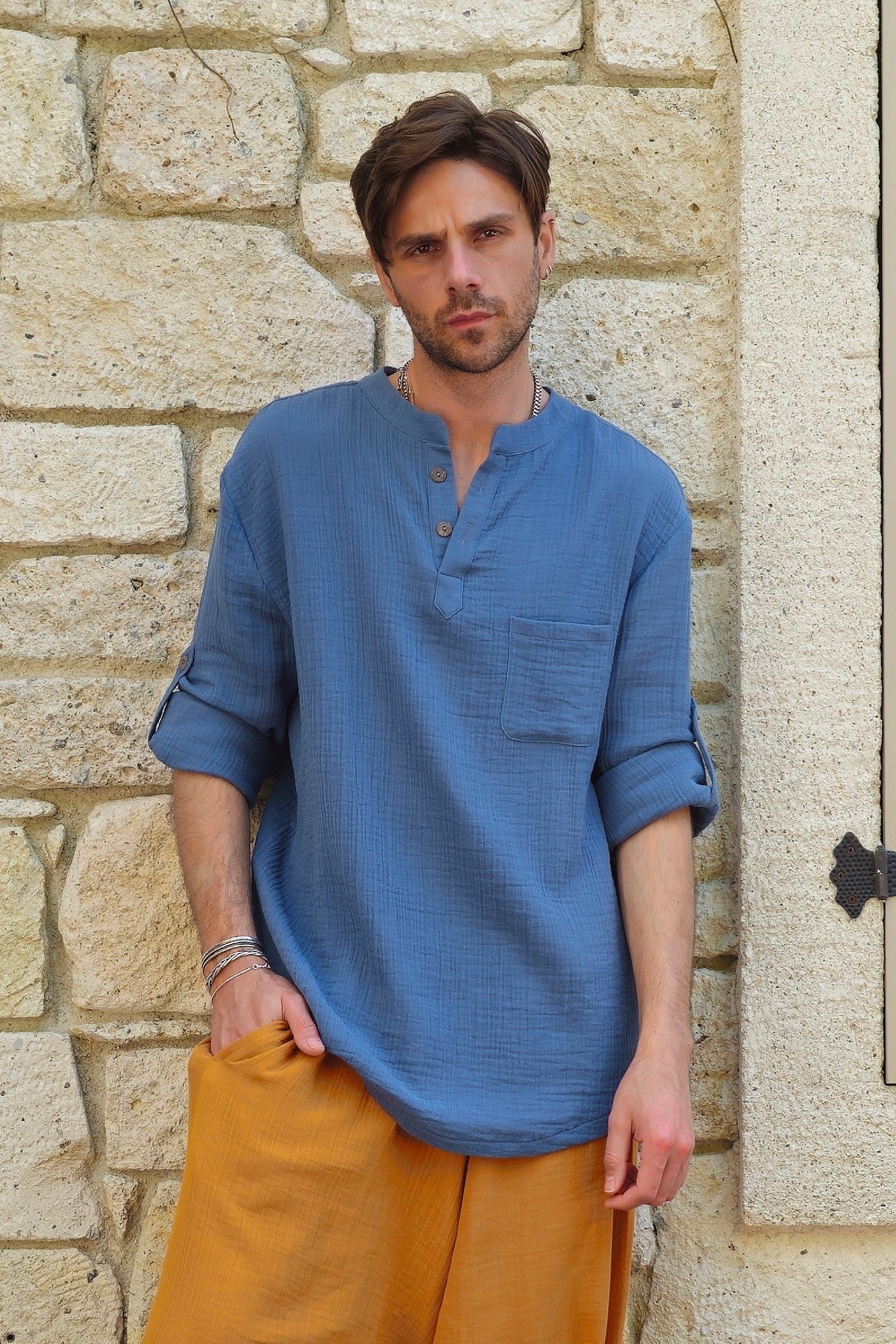 Odana's | ZEUS Men's Double Gauze Shirt (Light Indigo Blue) Light Indigo Blue | Shirts | Sustainable Fashion