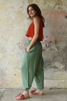 Odana's | Sustainable Gifts | TRIBAL Women's Organic Gauze Cotton Harem Pants (Green) | Harem Pants | Sustainable Fashion