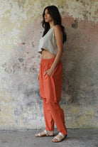 Odana's | Sustainable Gifts | MOON Women's Linen Blend Harem Pants (Windsor Tan, Burnt Orange) | Linen Harem Pants | Sustainable Fashion