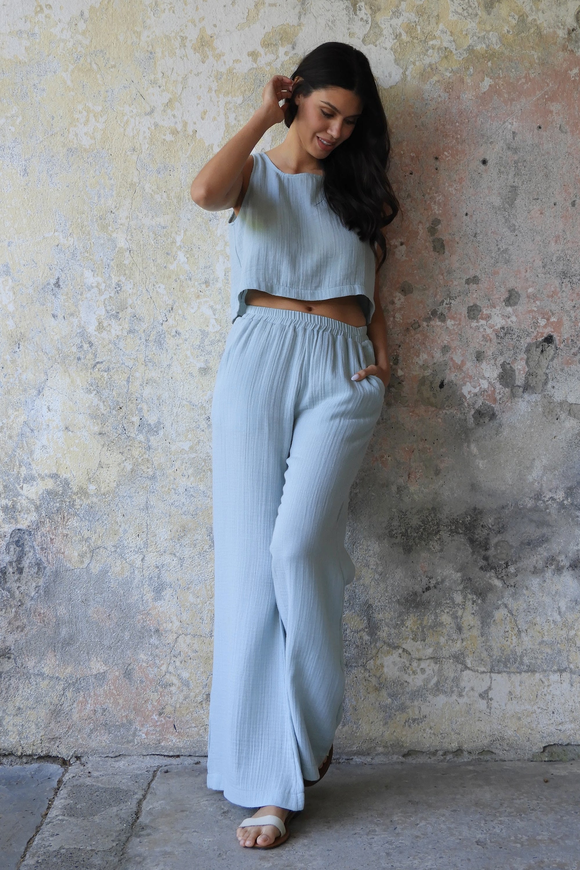 Sustainable  | PALAZZO Women's 2Layer Gauze Cotton Pants (Blue, Mint) by Odana's