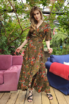 PEONY Floral Wrap Dress (Green, Pink)