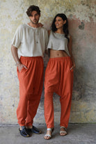 Odana's | Sustainable Gifts | MOON Gender Neutral Linen Blend Harem Pants (Windsor Tan, Burnt Orange) | Linen Harem Pants | Sustainable Fashion