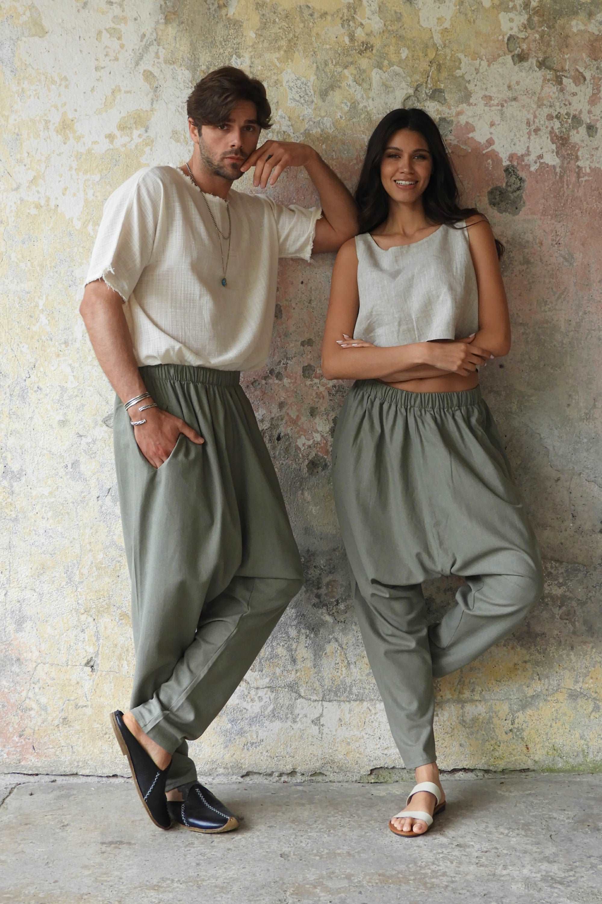 Sustainable  | MOON Gender Neutral Linen Blend Harem Pants (Terra Cotta, Almond Green) by Odana's