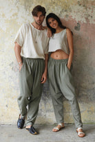 Odana's | Sustainable Gifts | MOON Gender Neutral Linen Blend Harem Pants (Terra Cotta, Almond Green) | Linen Harem Pants | Sustainable Fashion