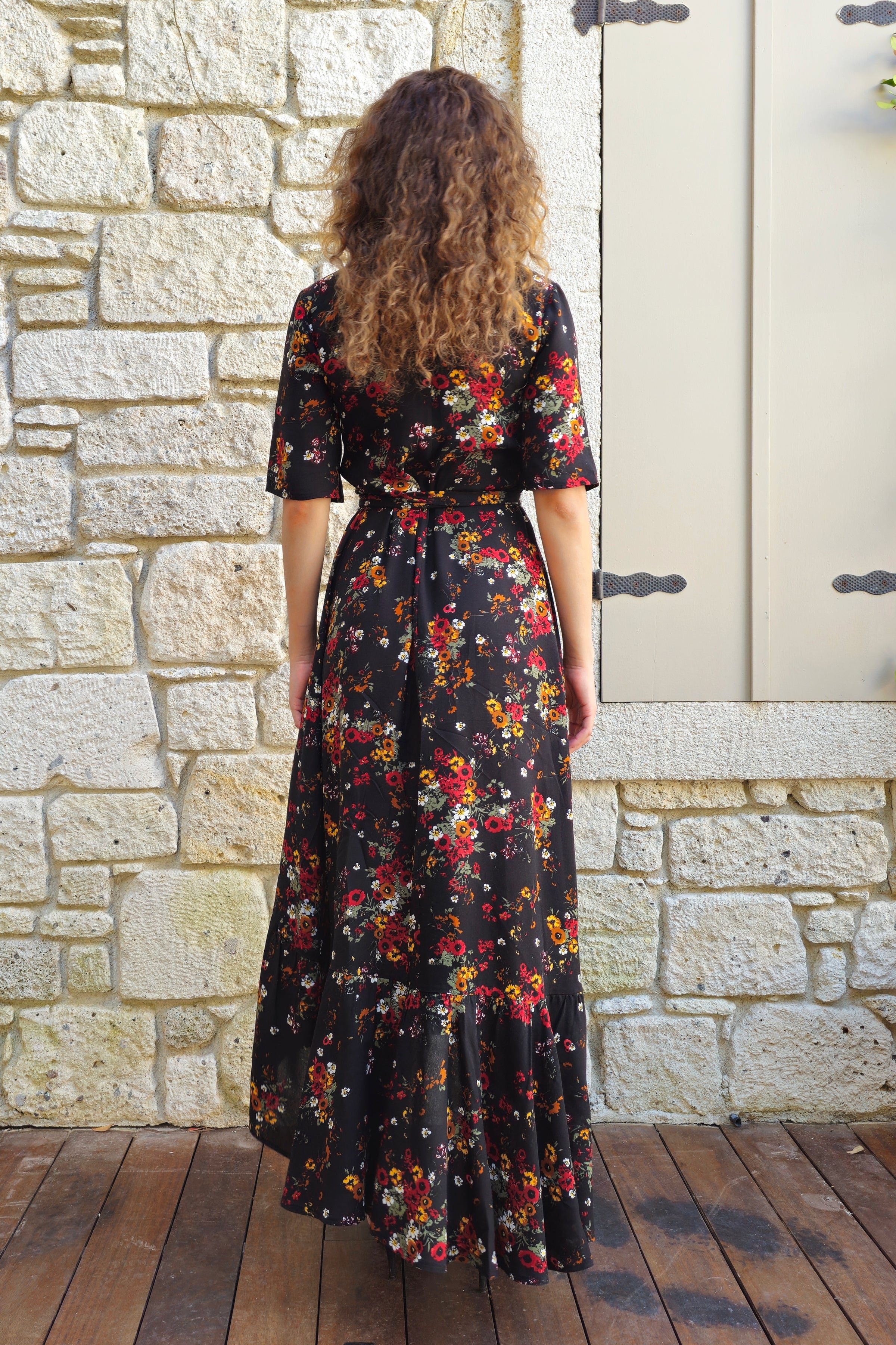 PEONY Floral Wrap Dress (Cream, Black)