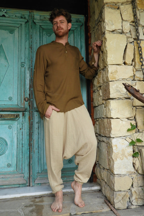 Odana's | Sustainable Gifts | TRIBAL Men's Organic Gauze Cotton Harem Pants (Black, Beige) | Harem Pants | Sustainable Fashion