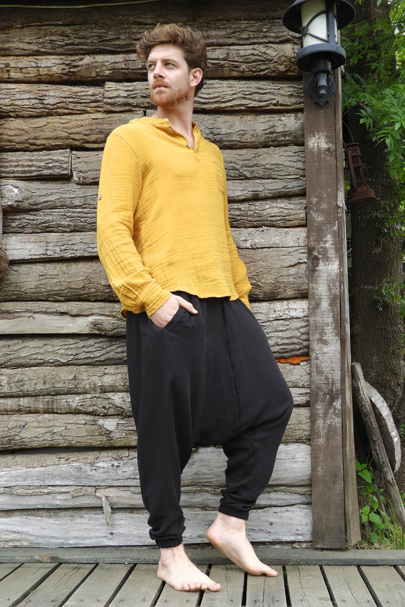 Odana's | Sustainable Gifts | TRIBAL Men's Organic Gauze Cotton Harem Pants (Black, Beige) | Harem Pants | Sustainable Fashion