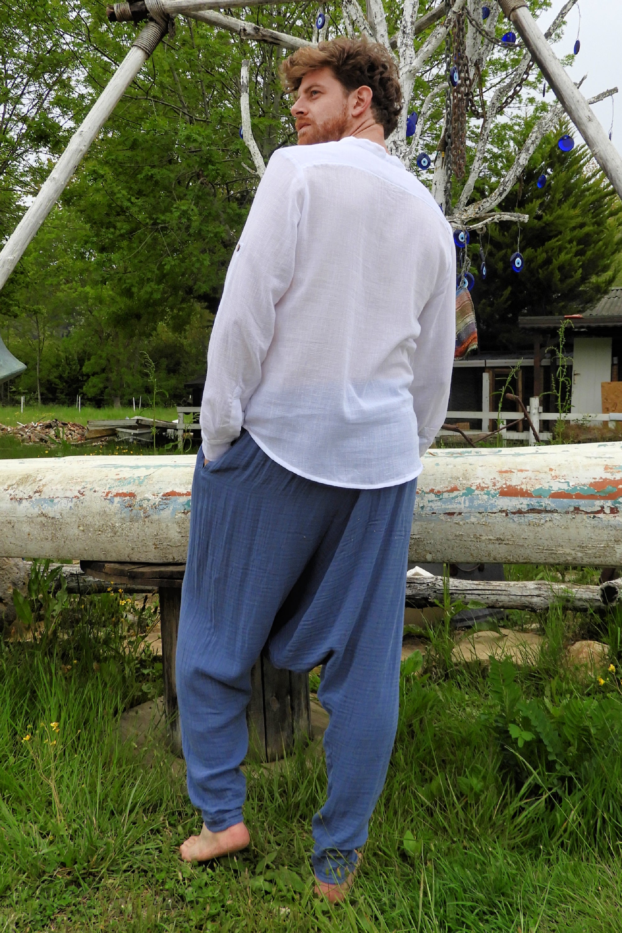 Sustainable  | RELAX Men's Gauze Cotton Harem Pants (Indigo Blue) by Odana's