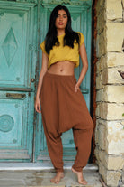 Odana's | Sustainable Gifts | RELAX Gender Neutral Organic Gauze Cotton Harem Pants (Brown, Indigo Blue) | Harem Pants | Sustainable Fashion