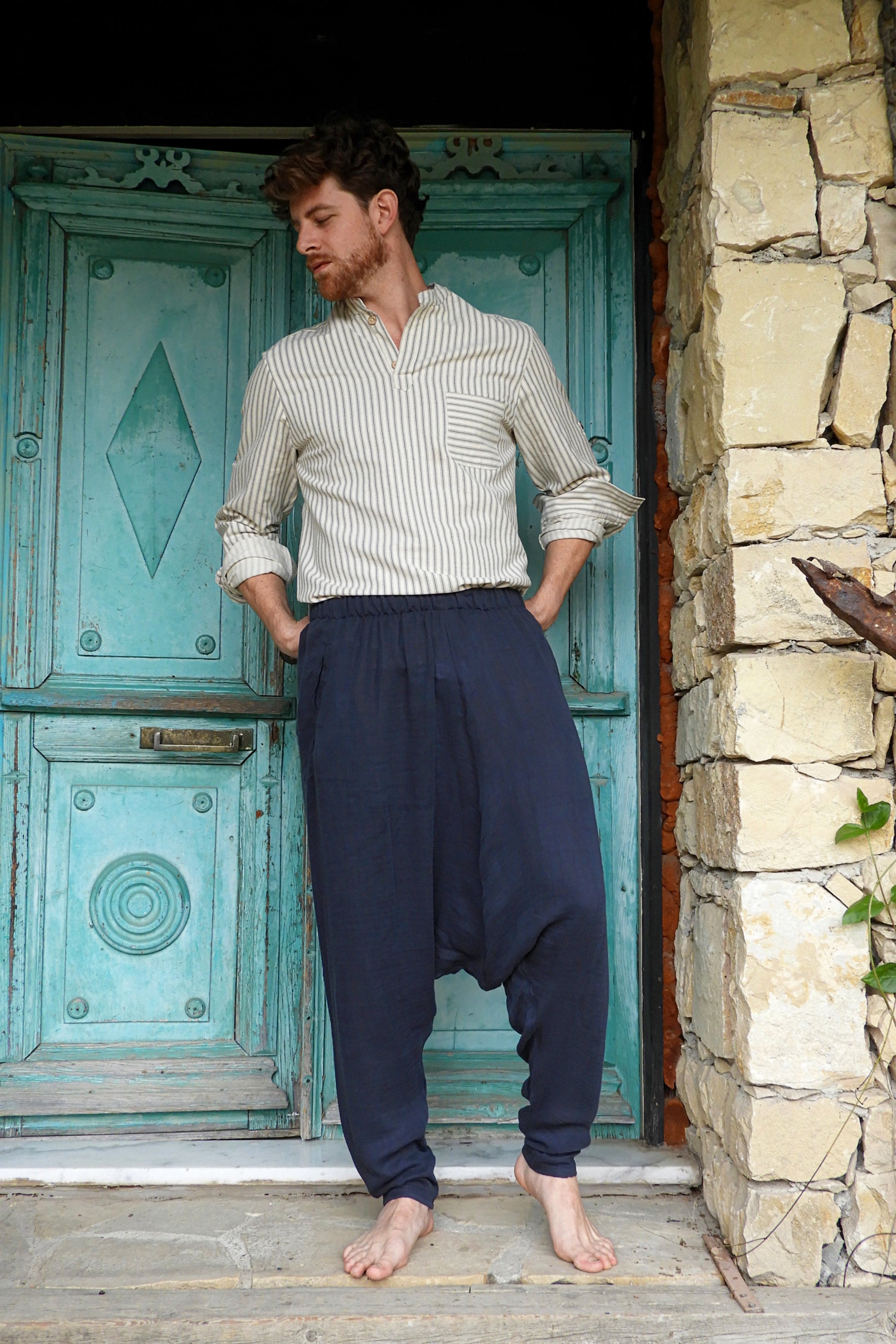Odana's | Sustainable Gifts | RELAX Gender Neutral Organic Gauze Cotton Harem Pants (Black, Dark Blue) Dark Blue | Harem Pants | Sustainable Fashion