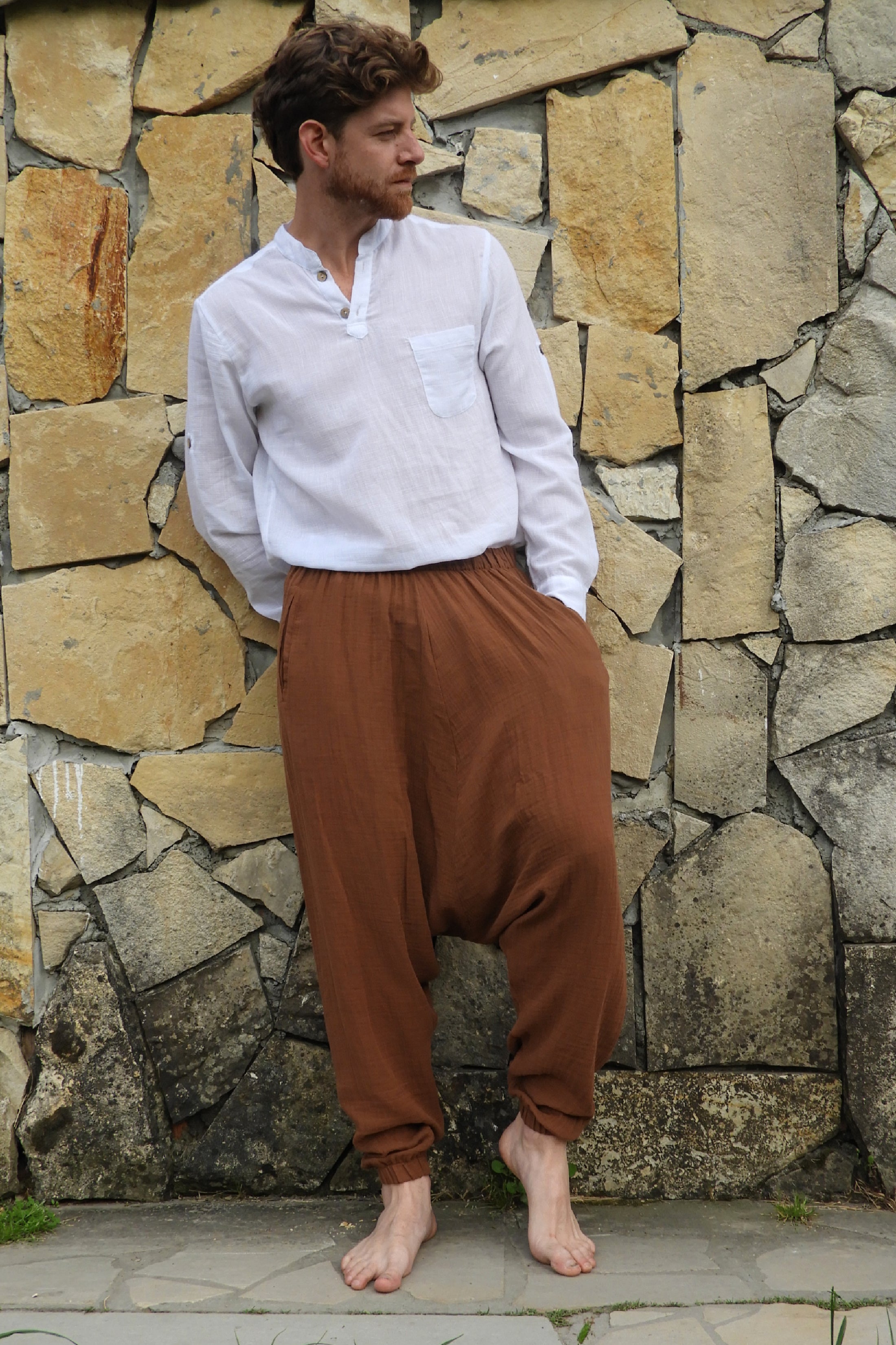 Sustainable  | TRIBAL Gender Neutral Gauze Cotton Harem Pants (Brown, Gray) by Odana's