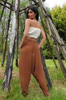 Odana's | Sustainable Gifts | RELAX Gender Neutral Organic Gauze Cotton Harem Pants (Brown, Indigo Blue) | Harem Pants | Sustainable Fashion