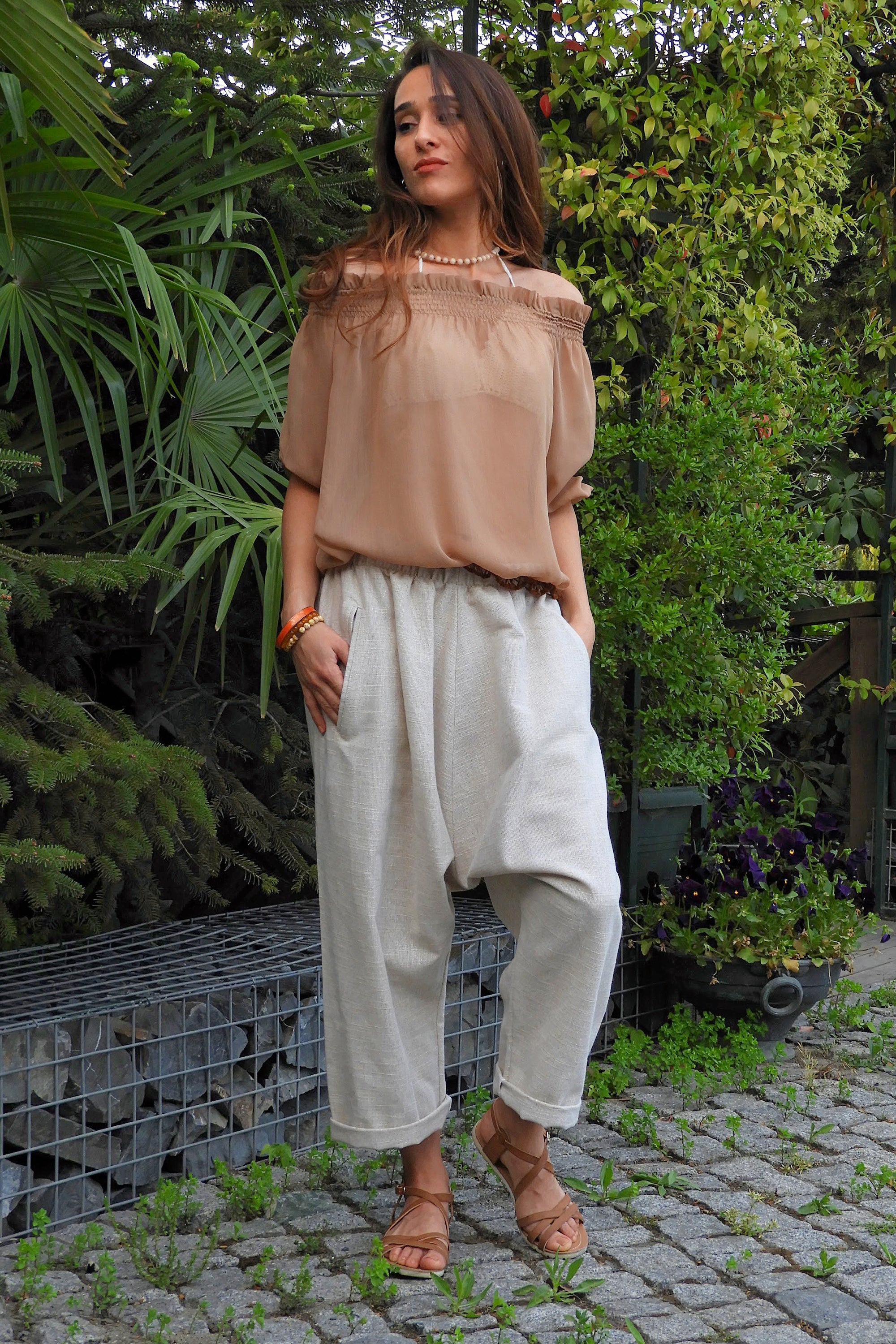 Odana's | SAND Women's Linen Harem Pants, Beige | Harem Pants | Sustainable Fashion