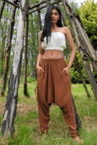 Odana's | Sustainable Gifts | RELAX Gender Neutral Organic Gauze Cotton Harem Pants (Brown, Indigo Blue) | Harem Pants | Sustainable Fashion